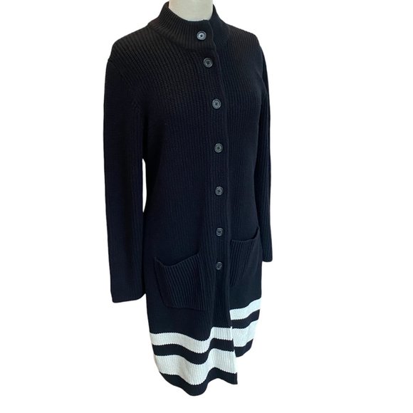 Lauren Ralph Lauren Longline Duster Cardigan Sz L Black Stripes Quiet Luxury